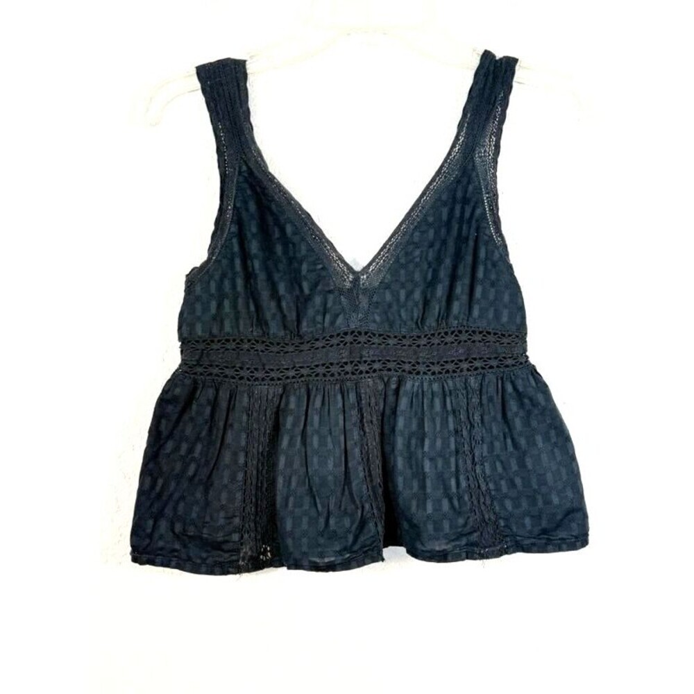 American Eagle Black Crochet Lace Trim Babydoll Tank Top XS Peplum Cottagecore